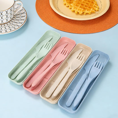 Wheat Straw Travel Cutlery Set with Case, Portable Reusable Flatware | BPA-free eco reusable tableware, dishwasher safe portable flatware for camping hiking picnic daily travel use