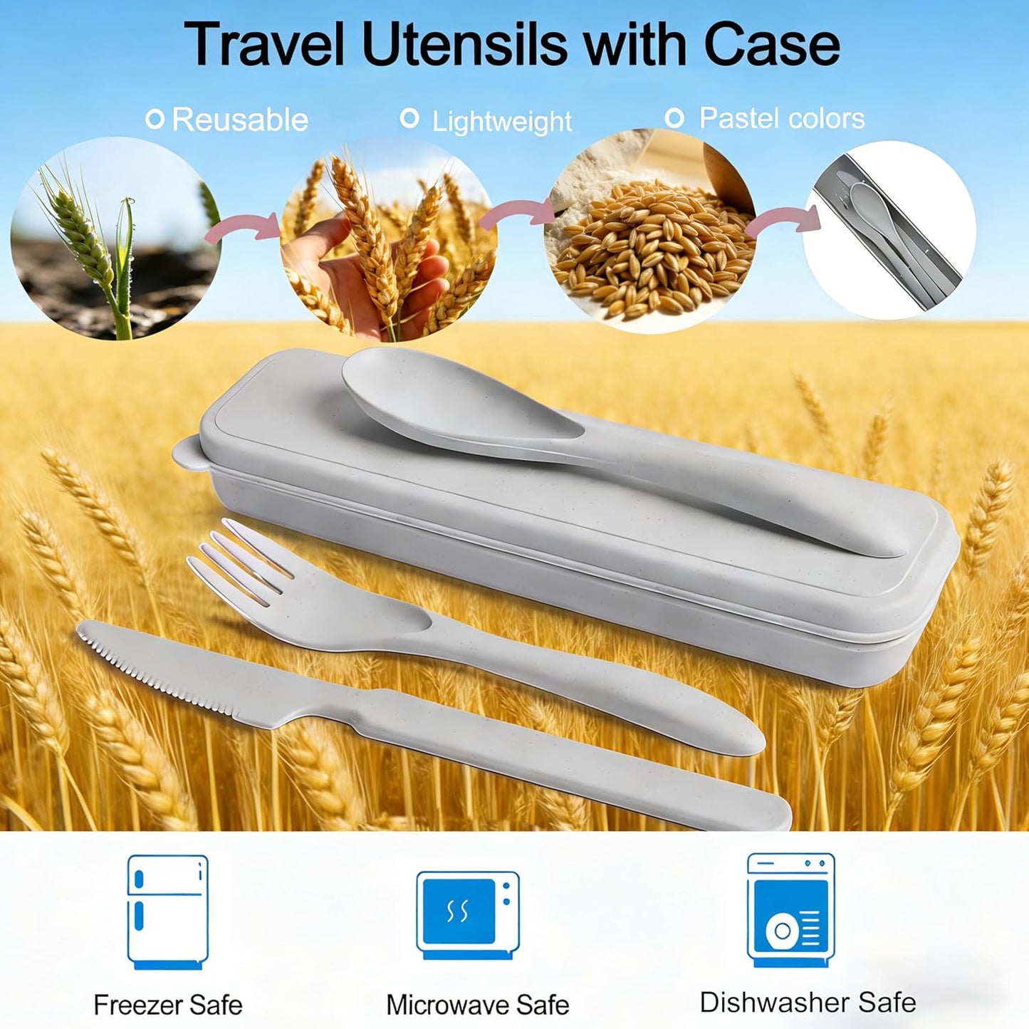 Wheat Straw Travel Cutlery Set with Case, Portable Reusable Flatware | BPA-free eco reusable tableware, dishwasher safe portable flatware for camping hiking picnic daily travel use