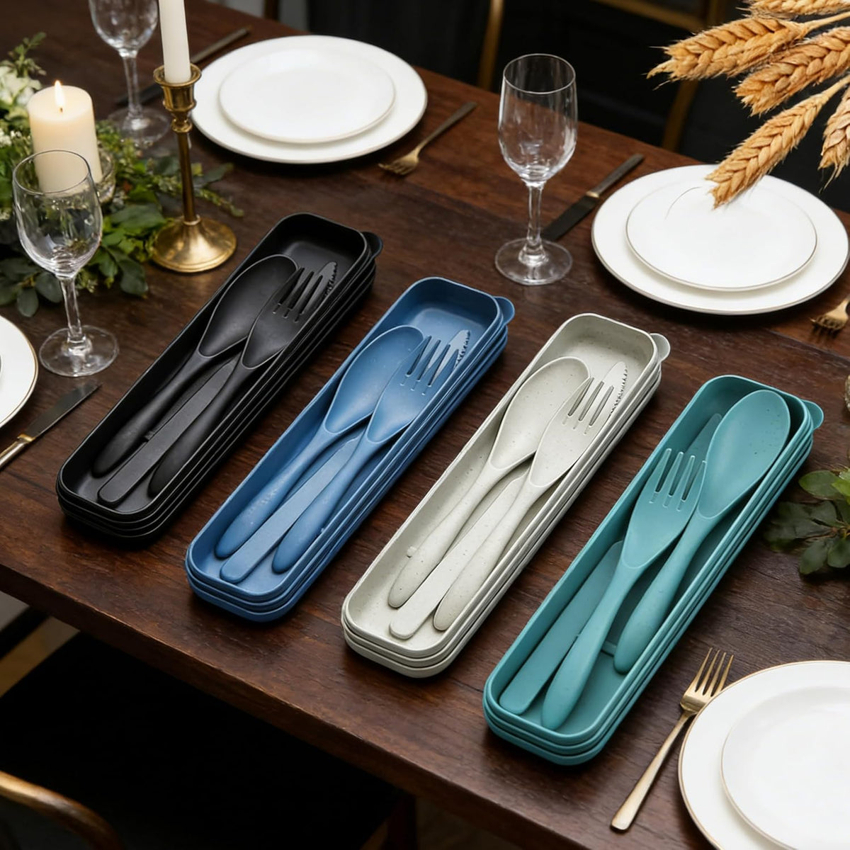 Wheat Straw Travel Cutlery Set with Case, Portable Reusable Flatware | BPA-free eco reusable tableware, dishwasher safe portable flatware for camping hiking picnic daily travel use