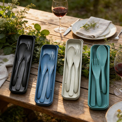 Wheat Straw Travel Cutlery Set with Case, Portable Reusable Flatware | BPA-free eco reusable tableware, dishwasher safe portable flatware for camping hiking picnic daily travel use