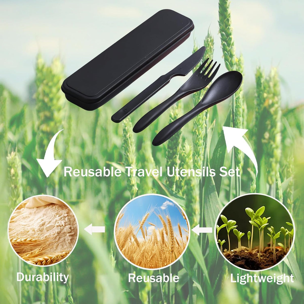 Wheat Straw Travel Cutlery Set with Case, Portable Reusable Flatware | BPA-free eco reusable tableware, dishwasher safe portable flatware for camping hiking picnic daily travel use