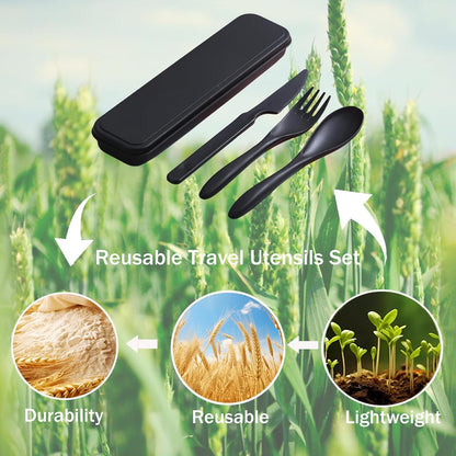Wheat Straw Travel Cutlery Set with Case, Portable Reusable Flatware | BPA-free eco reusable tableware, dishwasher safe portable flatware for camping hiking picnic daily travel use