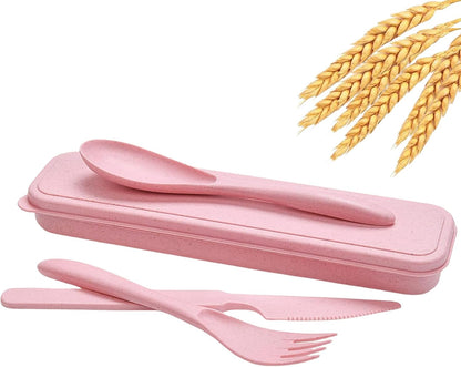 Wheat Straw Travel Cutlery Set with Case, Portable Reusable Flatware | BPA-free eco reusable tableware, dishwasher safe portable flatware for camping hiking picnic daily travel use