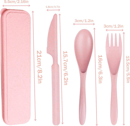 Wheat Straw Travel Cutlery Set with Case, Portable Reusable Flatware | BPA-free eco reusable tableware, dishwasher safe portable flatware for camping hiking picnic daily travel use