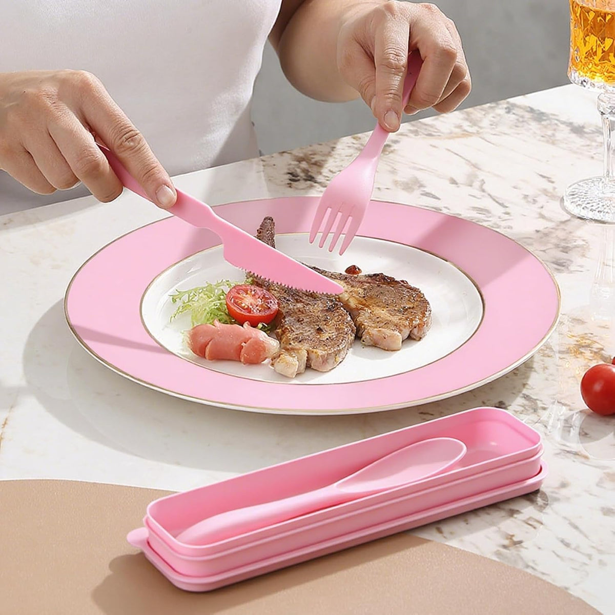 Wheat Straw Travel Cutlery Set with Case, Portable Reusable Flatware | BPA-free eco reusable tableware, dishwasher safe portable flatware for camping hiking picnic daily travel use