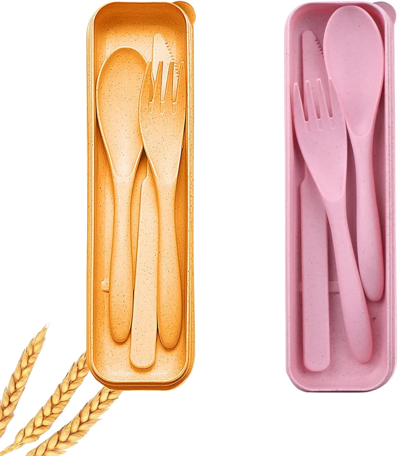 Wheat Straw Travel Cutlery Set with Case, Portable Reusable Flatware | BPA-free eco reusable tableware, dishwasher safe portable flatware for camping hiking picnic daily travel use