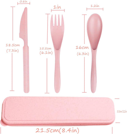 Wheat Straw Travel Cutlery Set with Case, Portable Reusable Flatware | BPA-free eco reusable tableware, dishwasher safe portable flatware for camping hiking picnic daily travel use