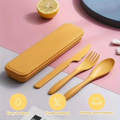 Wheat Straw Travel Cutlery Set with Case, Portable Reusable Flatware | BPA-free eco reusable tableware, dishwasher safe portable flatware for camping hiking picnic daily travel use