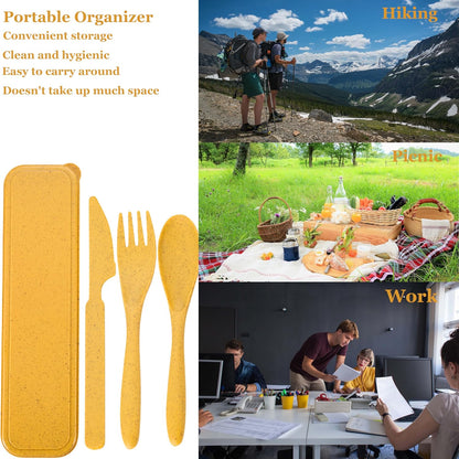 Wheat Straw Travel Cutlery Set with Case, Portable Reusable Flatware | BPA-free eco reusable tableware, dishwasher safe portable flatware for camping hiking picnic daily travel use