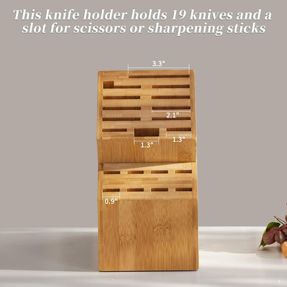 Knife Block Countertop Butcher's Knife Rack and Organizer 20 Slot Knife Holder Large Bamboo Knives Rack (Knife Not Included), Universal Knife Rack Strap