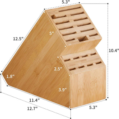 Knife Block Countertop Butcher's Knife Rack and Organizer 20 Slot Knife Holder Large Bamboo Knives Rack (Knife Not Included), Universal Knife Rack Strap