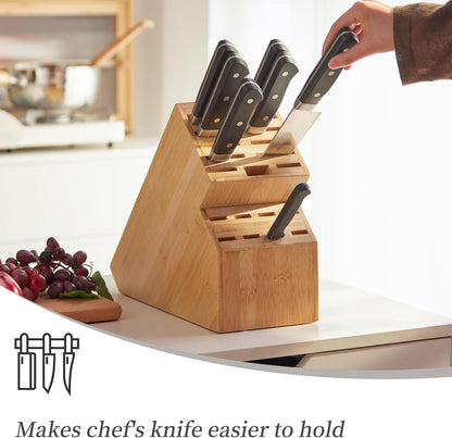 Knife Block Countertop Butcher's Knife Rack and Organizer 20 Slot Knife Holder Large Bamboo Knives Rack (Knife Not Included), Universal Knife Rack Strap