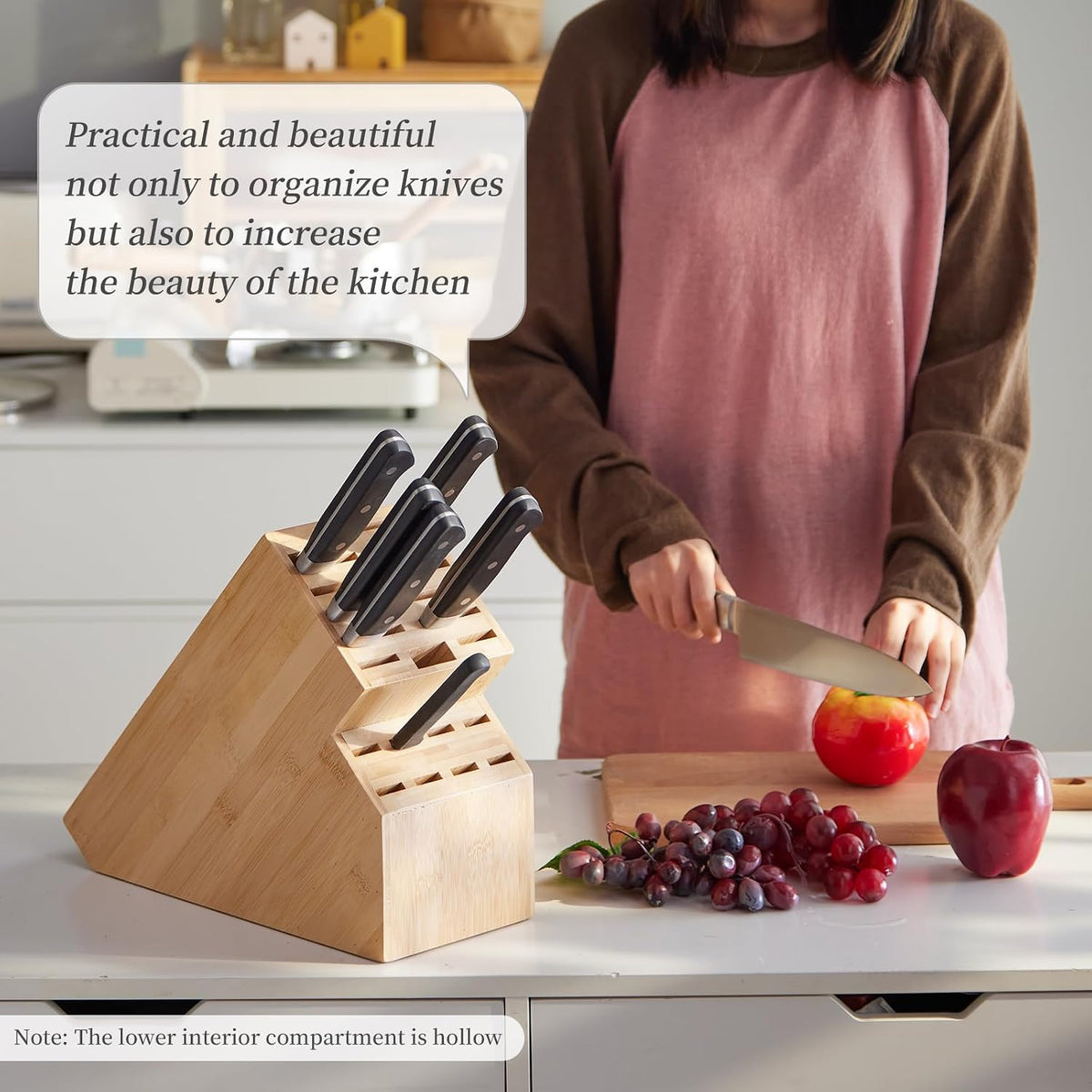Knife Block Countertop Butcher's Knife Rack and Organizer 20 Slot Knife Holder Large Bamboo Knives Rack (Knife Not Included), Universal Knife Rack Strap