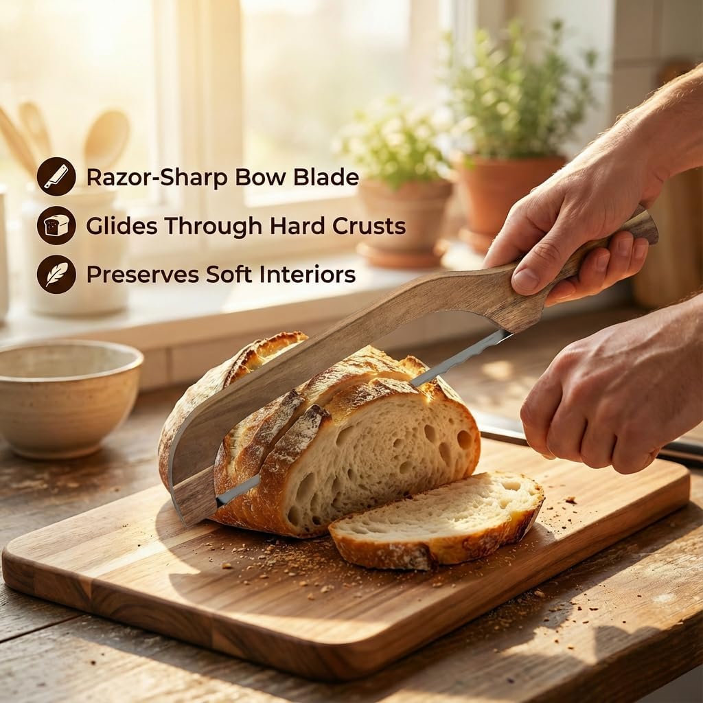 Manual Bread Slicer Set with Bow Knife & Crumb Tray Board - Universal Sourdough Cutter for Homemade Bread, Baguettes, Bagels
