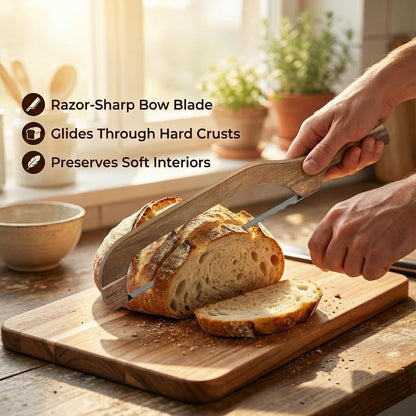 Manual Bread Slicer Set with Bow Knife & Crumb Tray Board - Universal Sourdough Cutter for Homemade Bread, Baguettes, Bagels