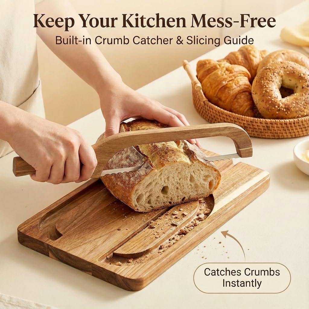 Manual Bread Slicer Set with Bow Knife & Crumb Tray Board - Universal Sourdough Cutter for Homemade Bread, Baguettes, Bagels