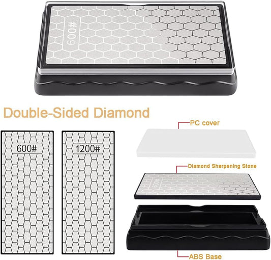 Double-sided Diamond Sharpening Stone, Knife Sharpener Stone diamond sharpener Honeycomb Surface Plate with Non-slip Base for Scissors Knives Outdoor Kitchen Sharpen Tools (600/1200 Grit)