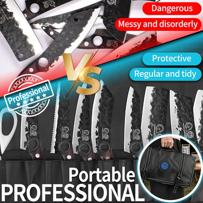 Professional Kitchen Knife Set with High-Carbon Steel Forged Blades, Chef's Knife, Cleaver, Carving Knife, Nakiri, Full Tang Design, Includes Carrying Bag & Poultry Scissors