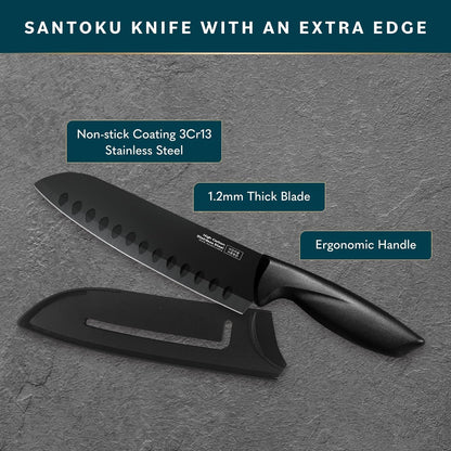 2 Pcs Santoku Knife with Sheath - High Carbon Stainless Steel Chopping Knife with Ergonomic Handle - Razor-Sharp Multi-Purpose Kitchen Knife for Chopping Vegetable and Cooking (Black)