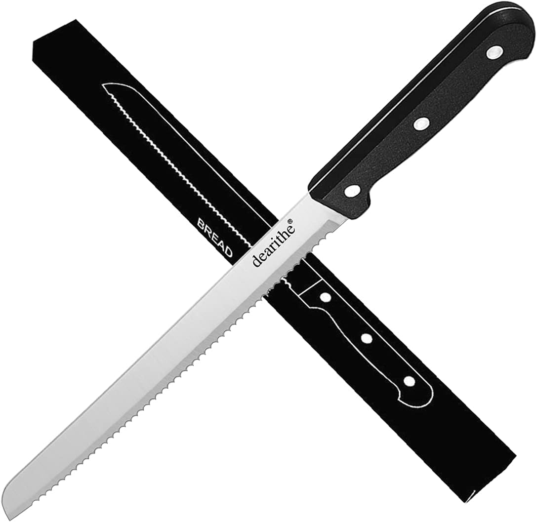 Serrated-Bread Knife 10 Inch, Black | Full-Tang and Triple Rivet, Stainless Sharp Wavy Edge, Wide Bread Cutter