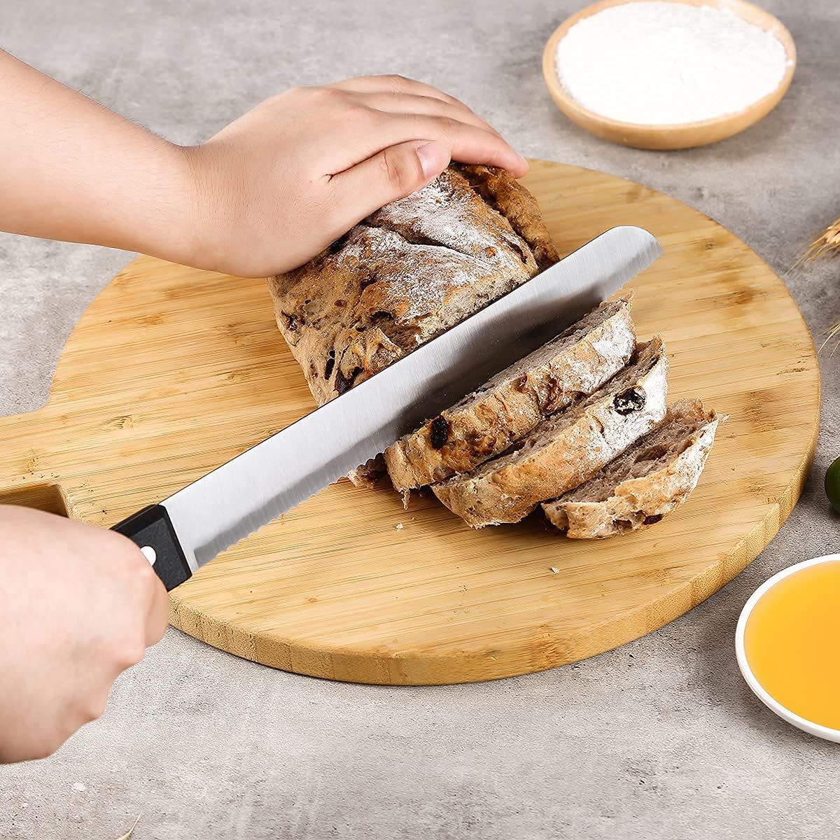 Serrated-Bread Knife 10 Inch, Black | Full-Tang and Triple Rivet, Stainless Sharp Wavy Edge, Wide Bread Cutter