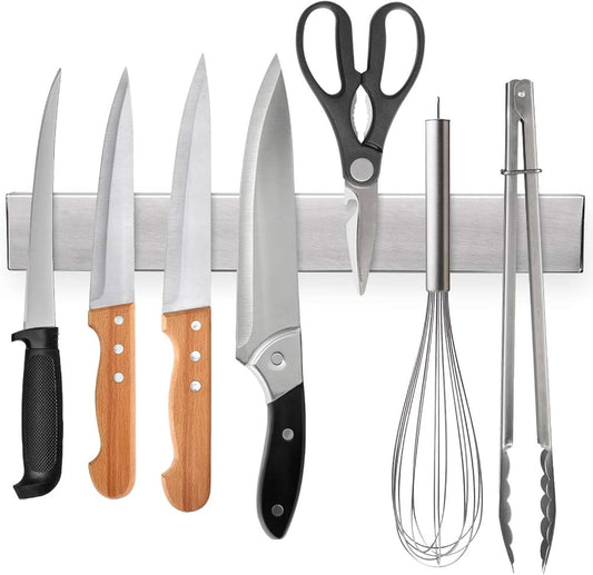 12 Inch Magnetic Knife Strip, Stainless Steel Wall Mount Knife Bar | No-drill magnetic knife strip, wall mounted space-saving organizer for kitchen knives, utensils and small tools