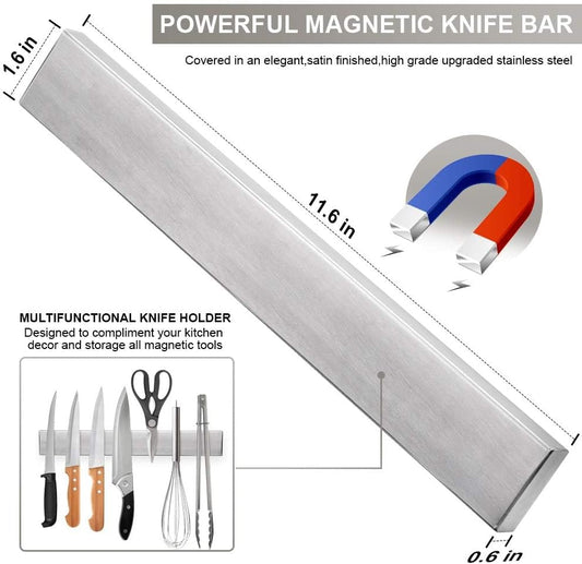 12 Inch Magnetic Knife Strip, Stainless Steel Wall Mount Knife Bar | No-drill magnetic knife strip, wall mounted space-saving organizer for kitchen knives, utensils and small tools