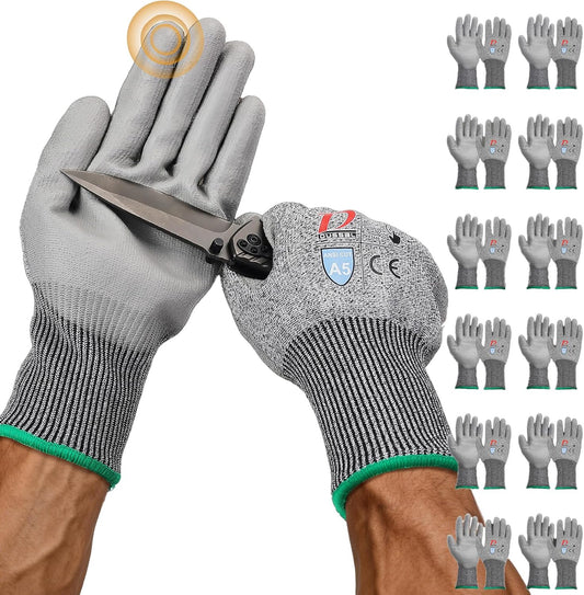 ANSI A5 Cut Resistant Glove, 12 pairs, Cut Proof Gloves with PU Coating and steel reinforcement, Touch-Screen Compatible, Used for Metal Fabrication, Mechanic, Gardening, Thin & Lightweight, XX-Large