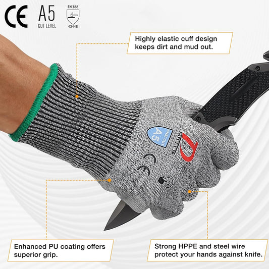 ANSI A5 Cut Resistant Glove, 12 pairs, Cut Proof Gloves with PU Coating and steel reinforcement, Touch-Screen Compatible, Used for Metal Fabrication, Mechanic, Gardening, Thin & Lightweight, XX-Large