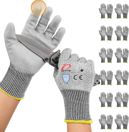 ANSI A5 Cut Resistant Glove, 12 pairs, Cut Proof Gloves with PU Coating and steel reinforcement, Touch-Screen Compatible, Used for Metal Fabrication, Mechanic, Gardening, Thin & Lightweight, XX-Large