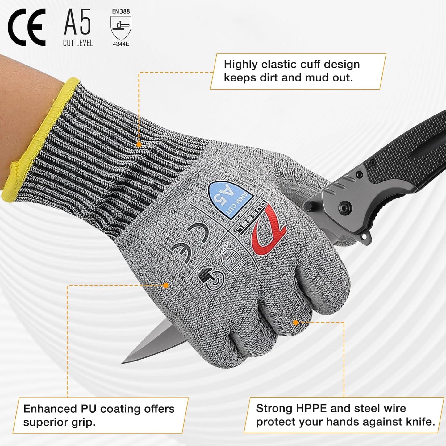 ANSI A5 Cut Resistant Glove, 12 pairs, Cut Proof Gloves with PU Coating and steel reinforcement, Touch-Screen Compatible, Used for Metal Fabrication, Mechanic, Gardening, Thin & Lightweight, XX-Large