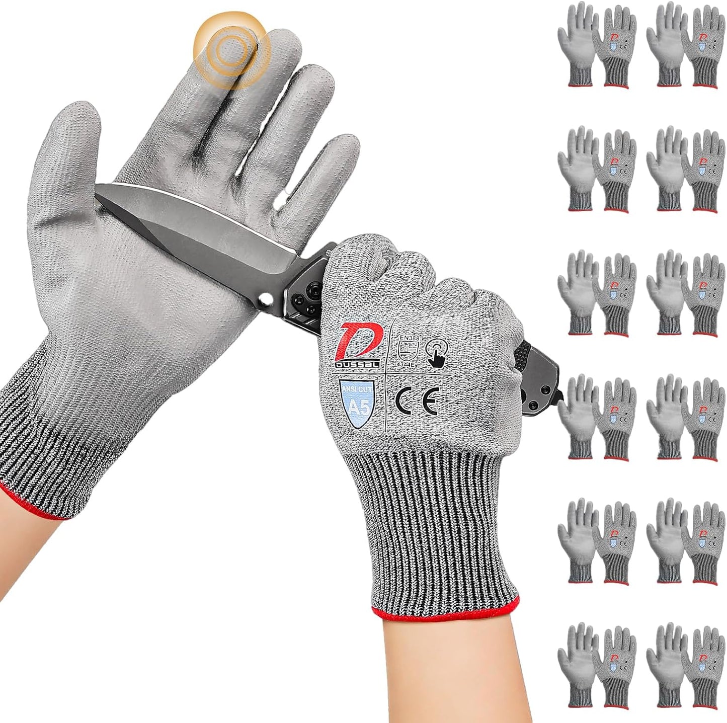 ANSI A5 Cut Resistant Glove, 12 pairs, Cut Proof Gloves with PU Coating and steel reinforcement, Touch-Screen Compatible, Used for Metal Fabrication, Mechanic, Gardening, Thin & Lightweight, XX-Large