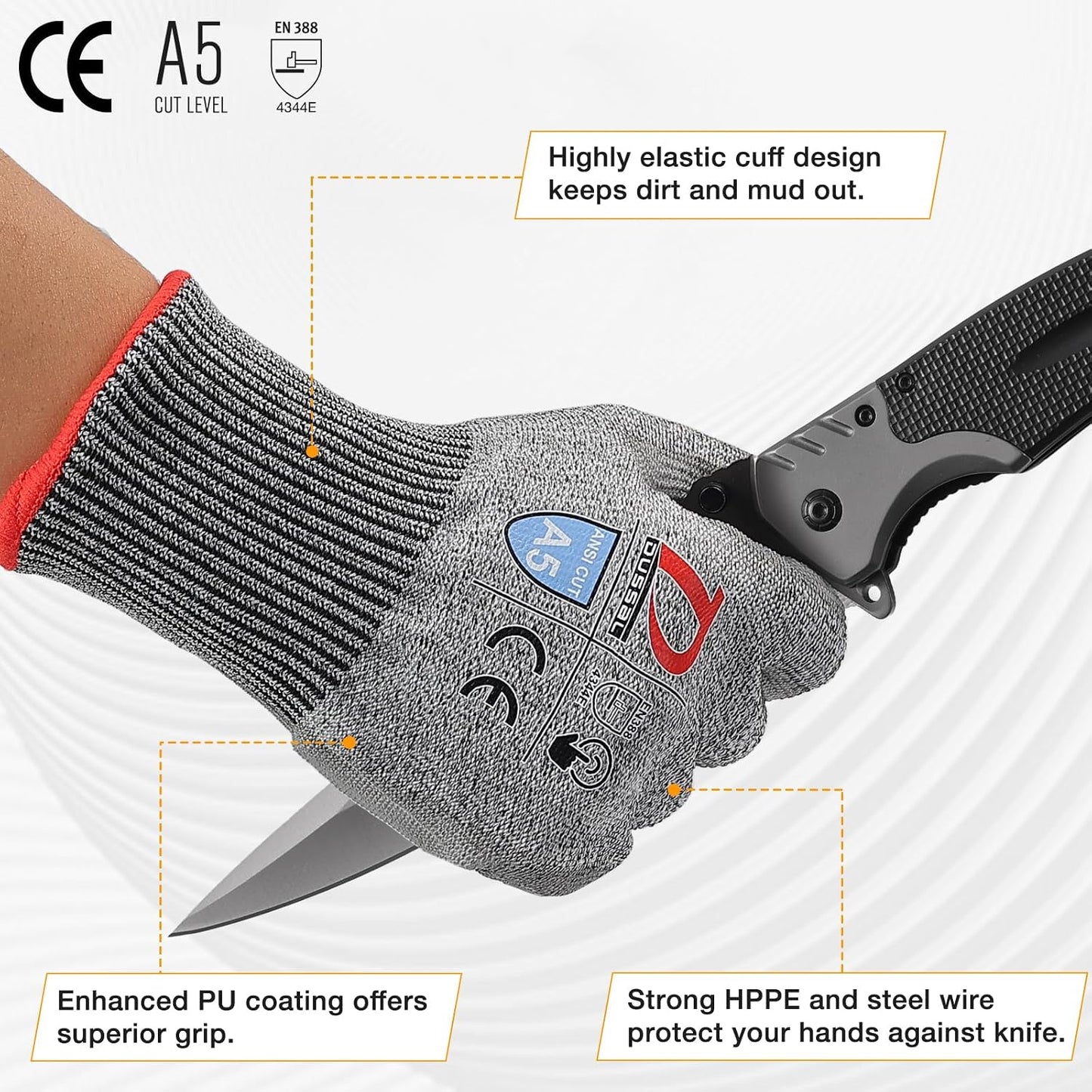 ANSI A5 Cut Resistant Glove, 12 pairs, Cut Proof Gloves with PU Coating and steel reinforcement, Touch-Screen Compatible, Used for Metal Fabrication, Mechanic, Gardening, Thin & Lightweight, XX-Large