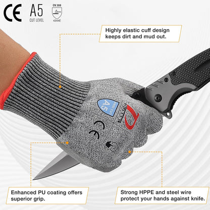 ANSI A5 Cut Resistant Glove, 12 pairs, Cut Proof Gloves with PU Coating and steel reinforcement, Touch-Screen Compatible, Used for Metal Fabrication, Mechanic, Gardening, Thin & Lightweight, XX-Large