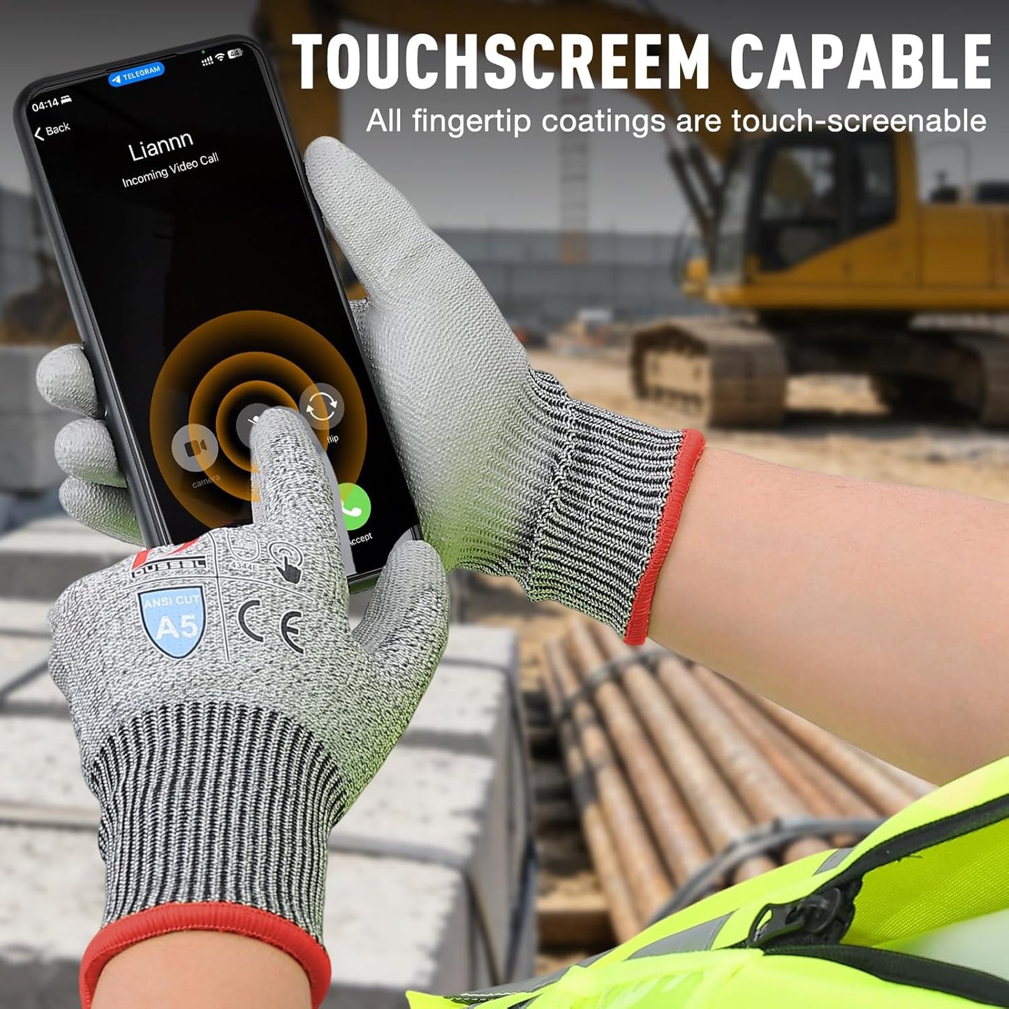 ANSI A5 Cut Resistant Glove, 12 pairs, Cut Proof Gloves with PU Coating and steel reinforcement, Touch-Screen Compatible, Used for Metal Fabrication, Mechanic, Gardening, Thin & Lightweight, XX-Large