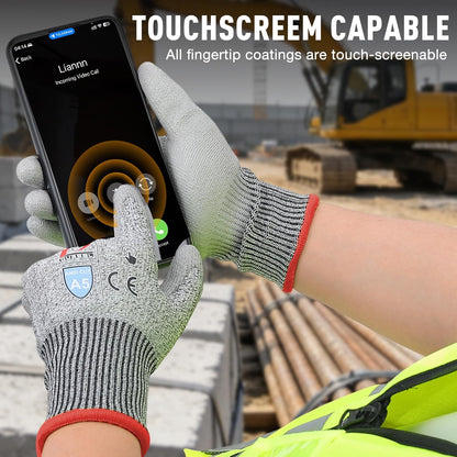 ANSI A5 Cut Resistant Glove, 12 pairs, Cut Proof Gloves with PU Coating and steel reinforcement, Touch-Screen Compatible, Used for Metal Fabrication, Mechanic, Gardening, Thin & Lightweight, XX-Large