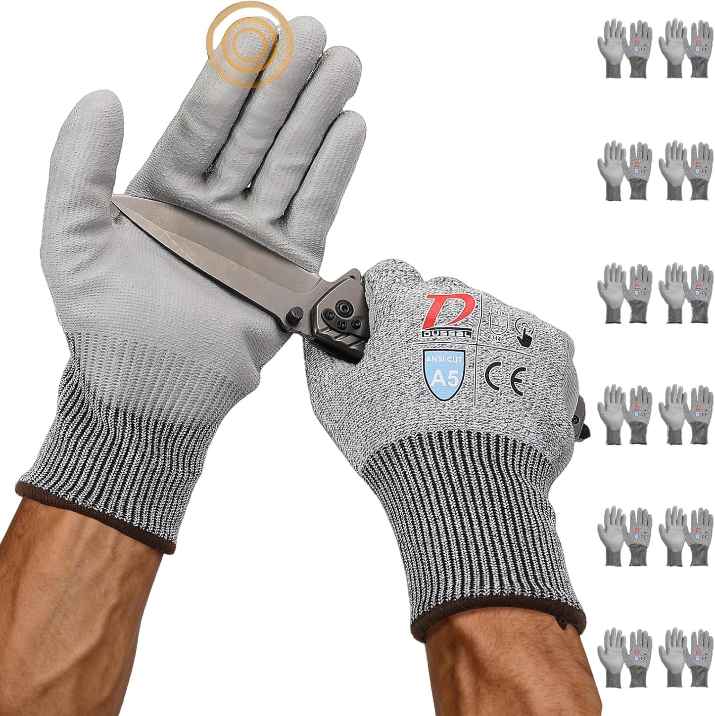 ANSI A5 Cut Resistant Glove, 12 pairs, Cut Proof Gloves with PU Coating and steel reinforcement, Touch-Screen Compatible, Used for Metal Fabrication, Mechanic, Gardening, Thin & Lightweight, XX-Large