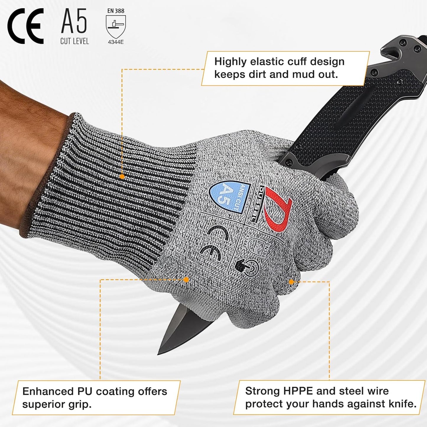 ANSI A5 Cut Resistant Glove, 12 pairs, Cut Proof Gloves with PU Coating and steel reinforcement, Touch-Screen Compatible, Used for Metal Fabrication, Mechanic, Gardening, Thin & Lightweight, XX-Large