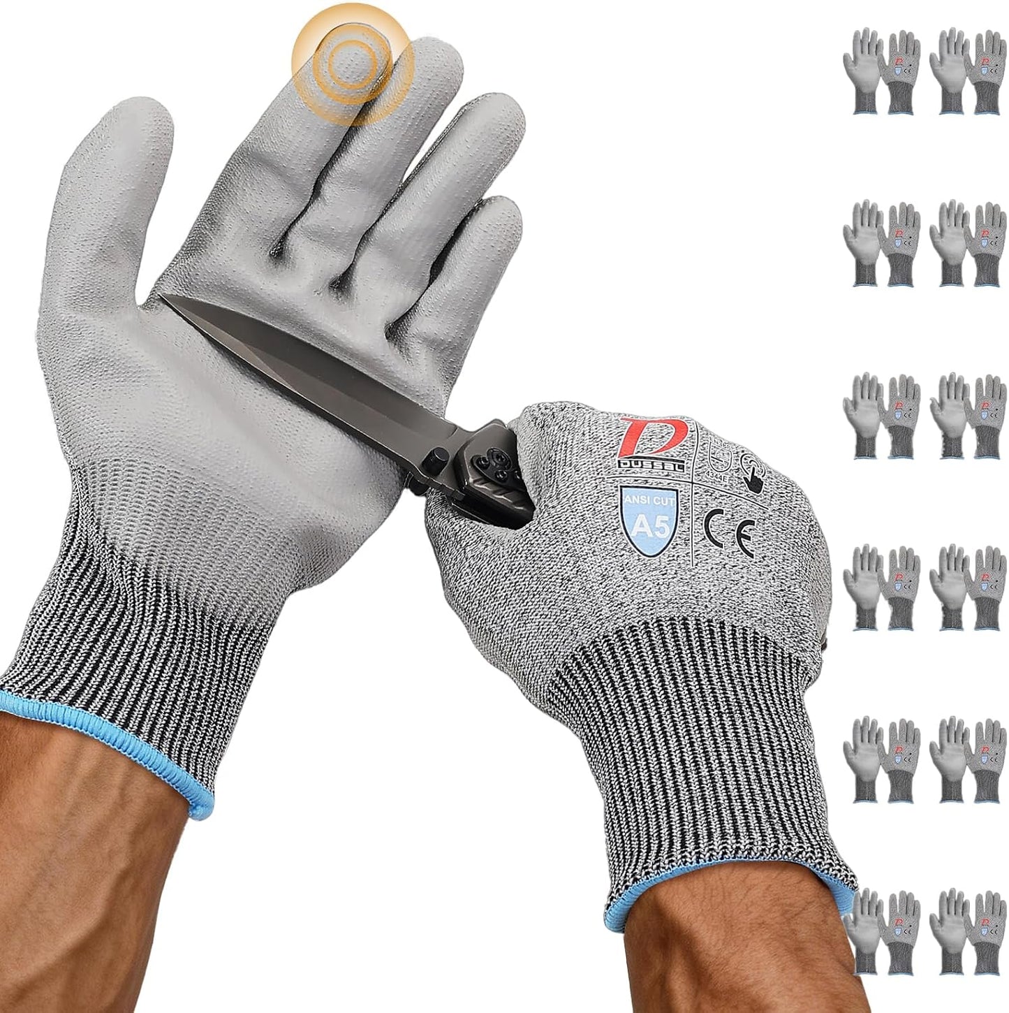 ANSI A5 Cut Resistant Glove, 12 pairs, Cut Proof Gloves with PU Coating and steel reinforcement, Touch-Screen Compatible, Used for Metal Fabrication, Mechanic, Gardening, Thin & Lightweight, XX-Large