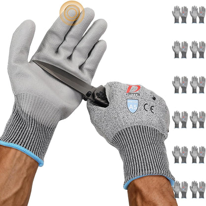 ANSI A5 Cut Resistant Glove, 12 pairs, Cut Proof Gloves with PU Coating and steel reinforcement, Touch-Screen Compatible, Used for Metal Fabrication, Mechanic, Gardening, Thin & Lightweight, XX-Large
