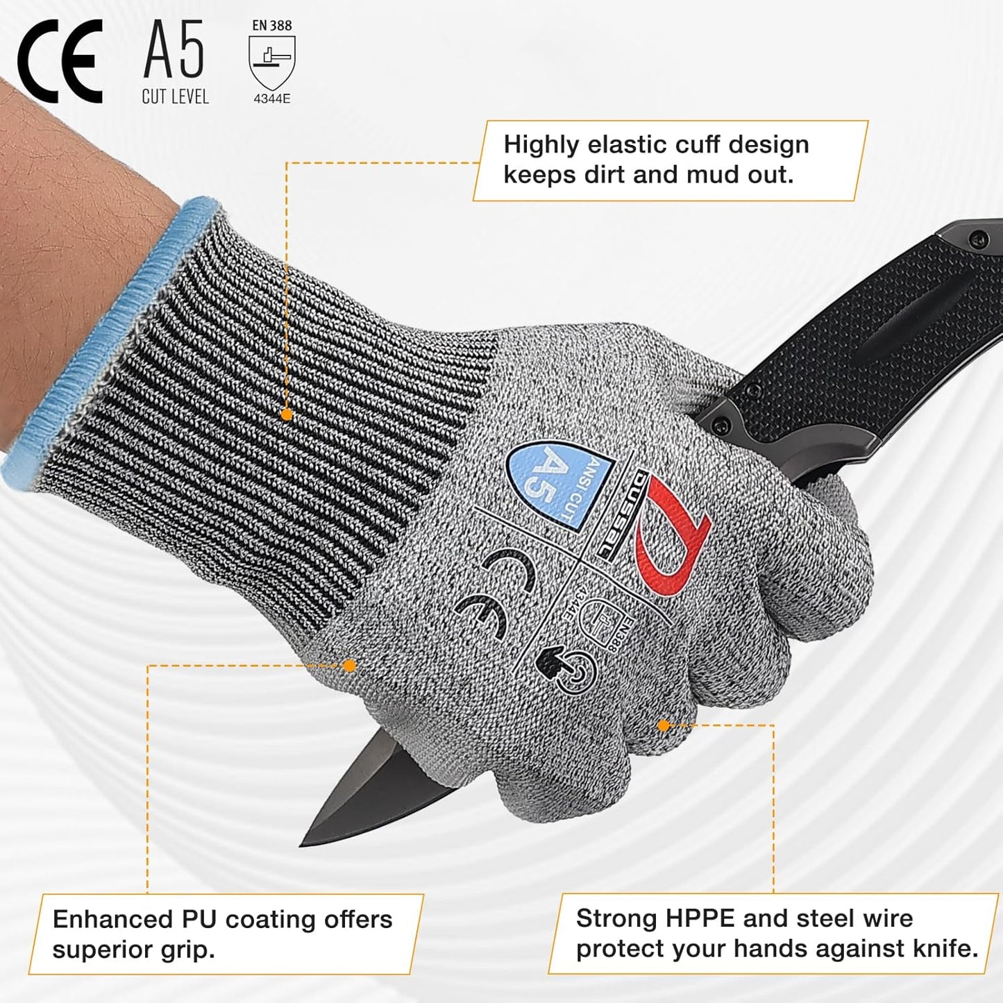 ANSI A5 Cut Resistant Glove, 12 pairs, Cut Proof Gloves with PU Coating and steel reinforcement, Touch-Screen Compatible, Used for Metal Fabrication, Mechanic, Gardening, Thin & Lightweight, XX-Large