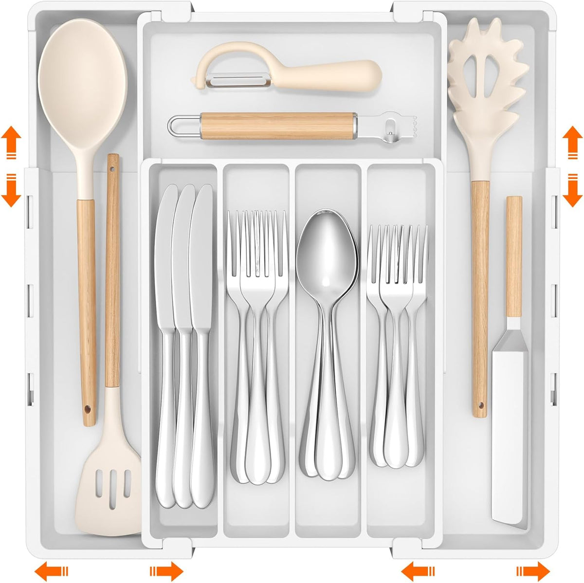 Silverware Drawer Organizer, Expandable Utensil Tray for Kitchen, BPA Free Flatware and Cutlery Holder, Adjustable Plastic Storage for Spoons Forks Knives, 4-7 Slots, White
