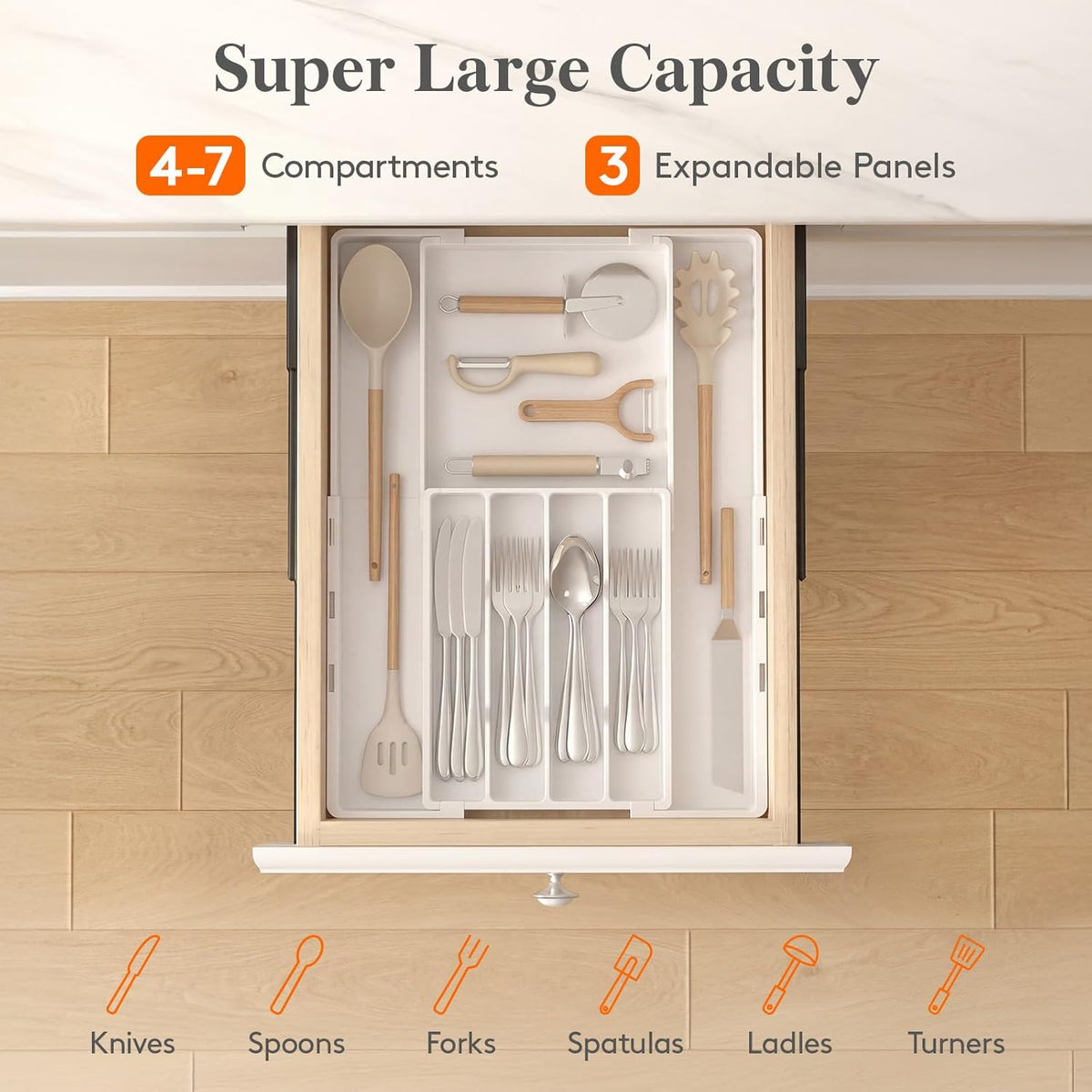 Silverware Drawer Organizer, Expandable Utensil Tray for Kitchen, BPA Free Flatware and Cutlery Holder, Adjustable Plastic Storage for Spoons Forks Knives, 4-7 Slots, White