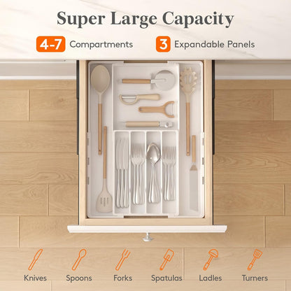 Silverware Drawer Organizer, Expandable Utensil Tray for Kitchen, BPA Free Flatware and Cutlery Holder, Adjustable Plastic Storage for Spoons Forks Knives, 4-7 Slots, White