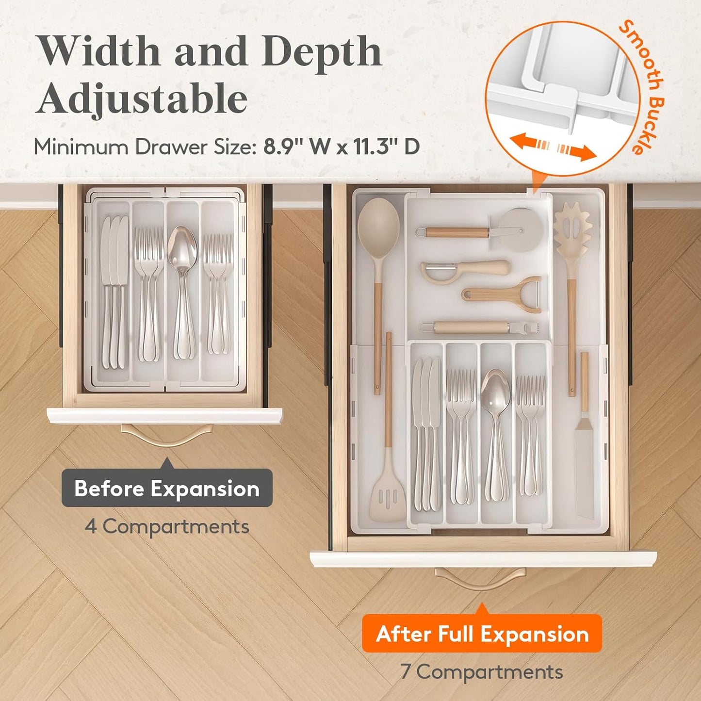 Silverware Drawer Organizer, Expandable Utensil Tray for Kitchen, BPA Free Flatware and Cutlery Holder, Adjustable Plastic Storage for Spoons Forks Knives, 4-7 Slots, White