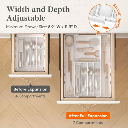 Silverware Drawer Organizer, Expandable Utensil Tray for Kitchen, BPA Free Flatware and Cutlery Holder, Adjustable Plastic Storage for Spoons Forks Knives, 4-7 Slots, White