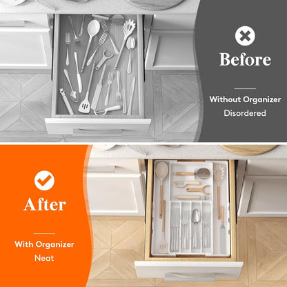 Silverware Drawer Organizer, Expandable Utensil Tray for Kitchen, BPA Free Flatware and Cutlery Holder, Adjustable Plastic Storage for Spoons Forks Knives, 4-7 Slots, White