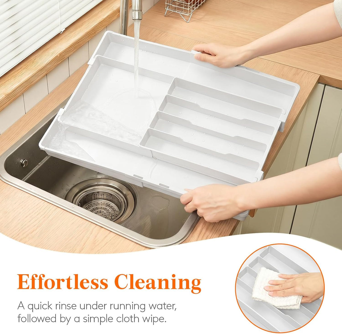 Silverware Drawer Organizer, Expandable Utensil Tray for Kitchen, BPA Free Flatware and Cutlery Holder, Adjustable Plastic Storage for Spoons Forks Knives, 4-7 Slots, White
