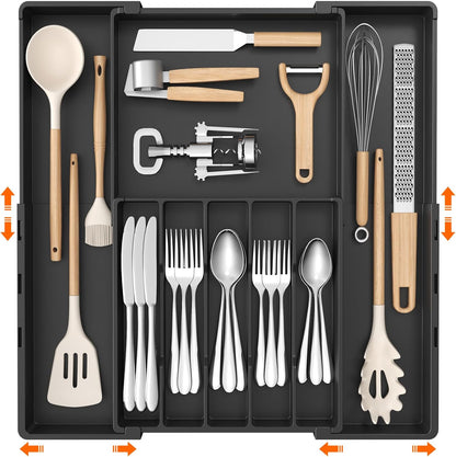 Silverware Drawer Organizer, Expandable Utensil Tray for Kitchen, BPA Free Flatware and Cutlery Holder, Adjustable Plastic Storage for Spoons Forks Knives, 4-7 Slots, White