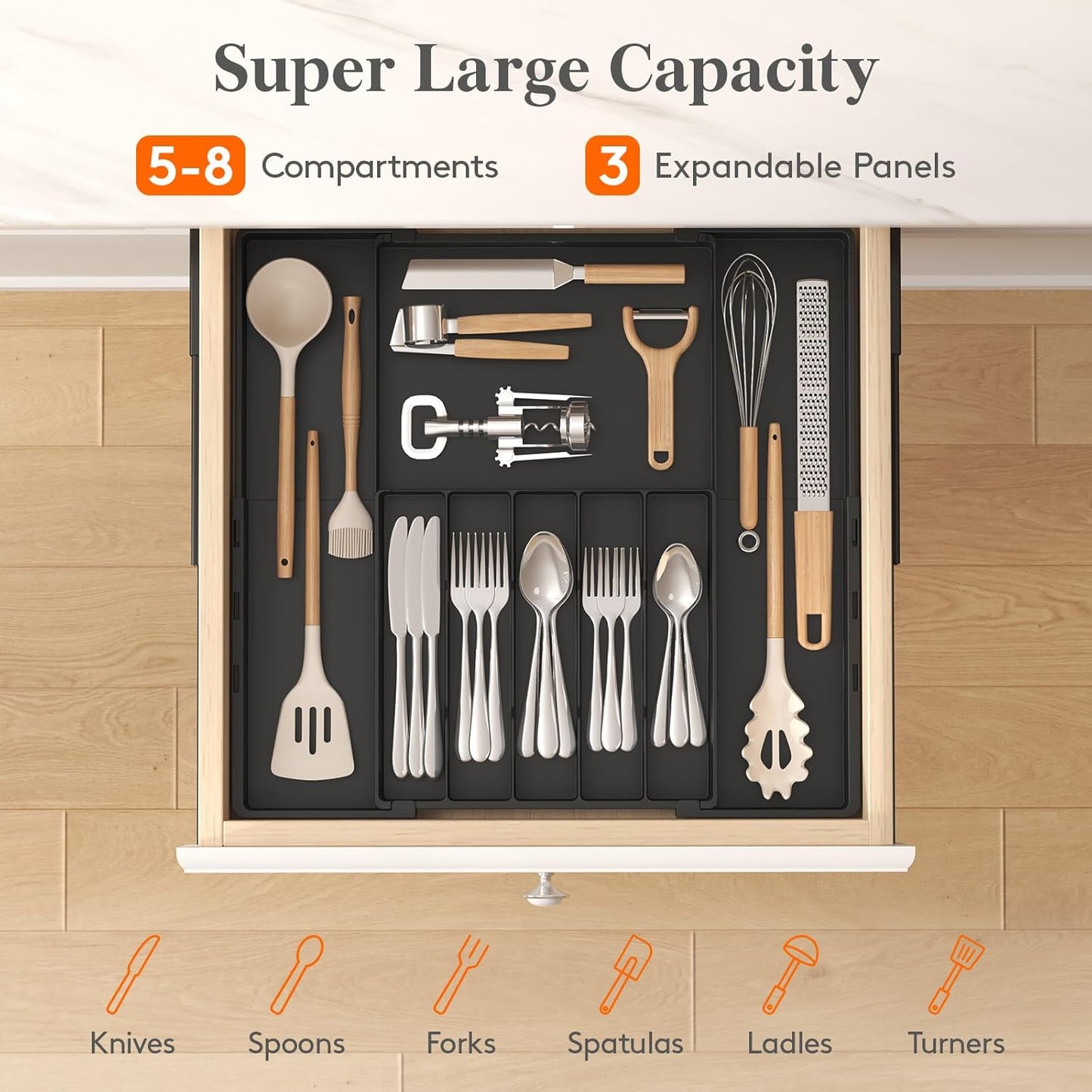 Silverware Drawer Organizer, Expandable Utensil Tray for Kitchen, BPA Free Flatware and Cutlery Holder, Adjustable Plastic Storage for Spoons Forks Knives, 4-7 Slots, White